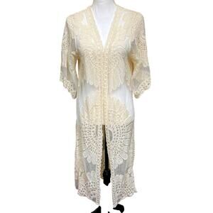 Rebellion Again Ivory Open Front Kimono Size Small Maxi Duster Boho Cover Up